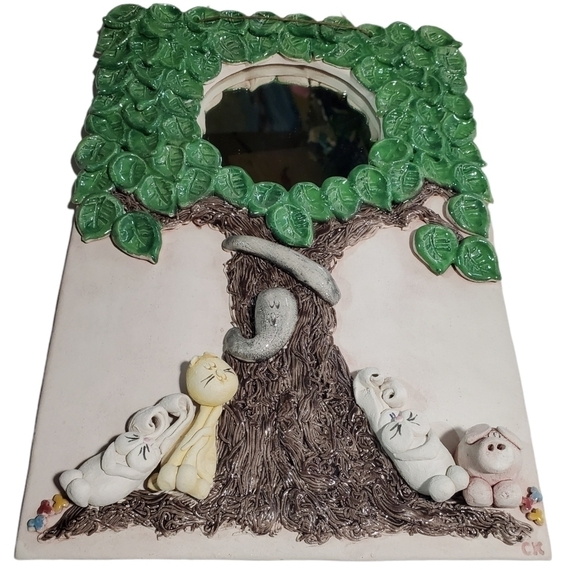 Clay molded Wall Art Mirror cute Tree with animals signed CK - Picture 3 of 11